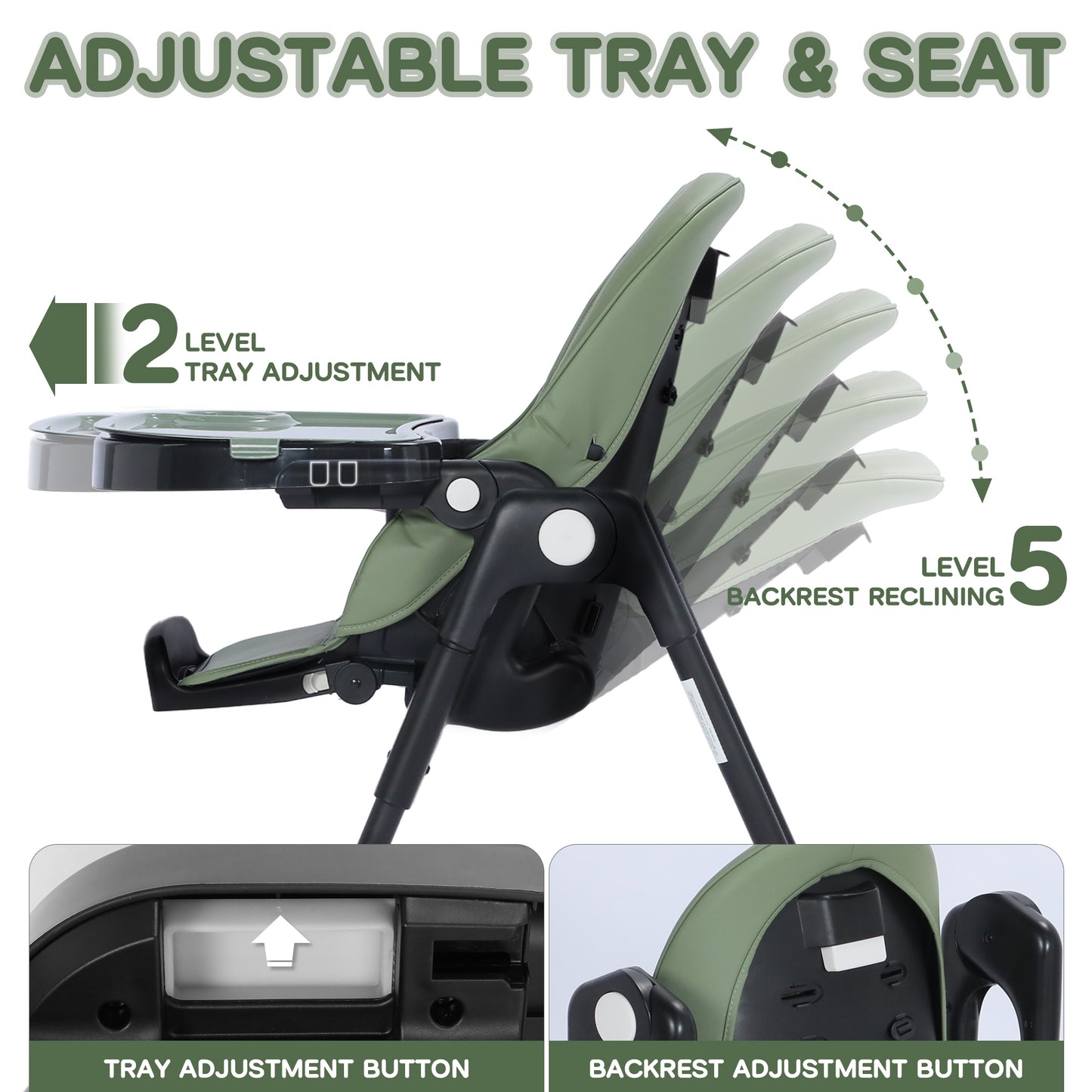 AILEEKISS Foldable High Chair for Baby, Toddler Eating Chair with Detachable Double Trays, Green
