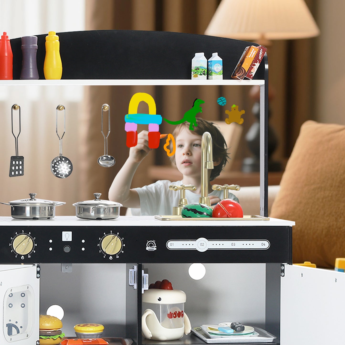 AILEEKISS Wood Kids Play Kitchen, Pretend Kitchen Playset for Children Age 3 Years up, Black