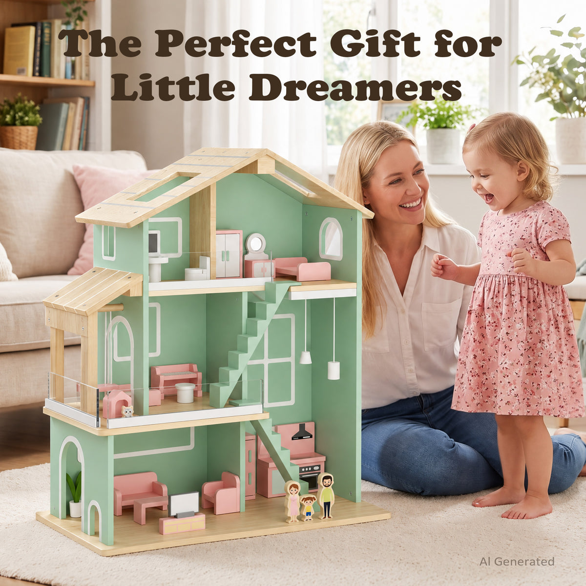 AILEEKISS Dollhouse for Kids with 20 Pieces Furniture Set, 3-Story Dream House with Puzzle Patio, Green