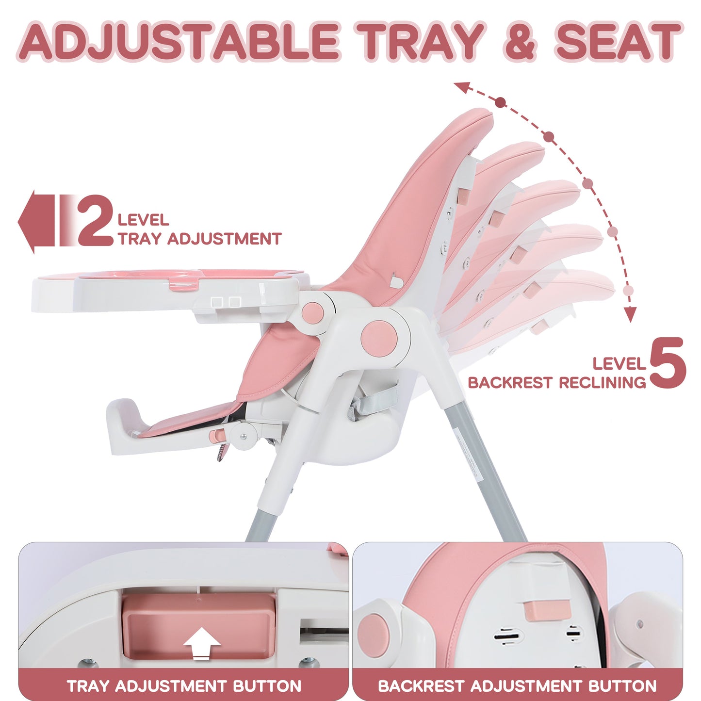AILEEKISS Foldable High Chair for Baby, Toddler Eating Chair with Detachable Double Trays, Pink