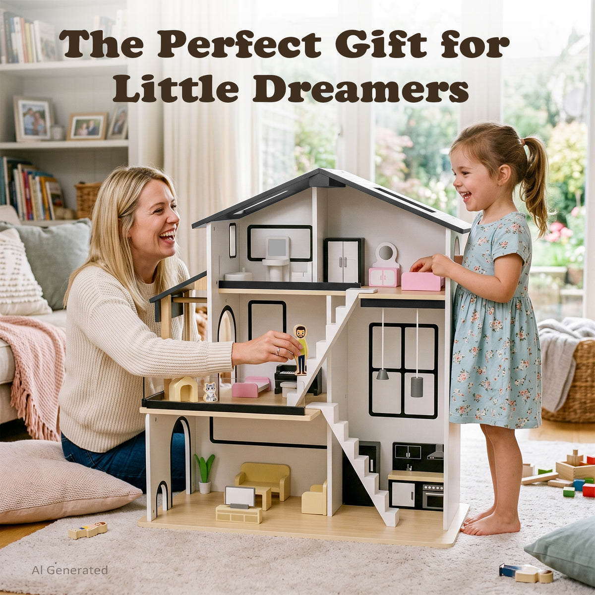AILEEKISS Dollhouse for Kids with 20 Pieces Furniture Set, 3-Story Dream House with Puzzle Patio, White