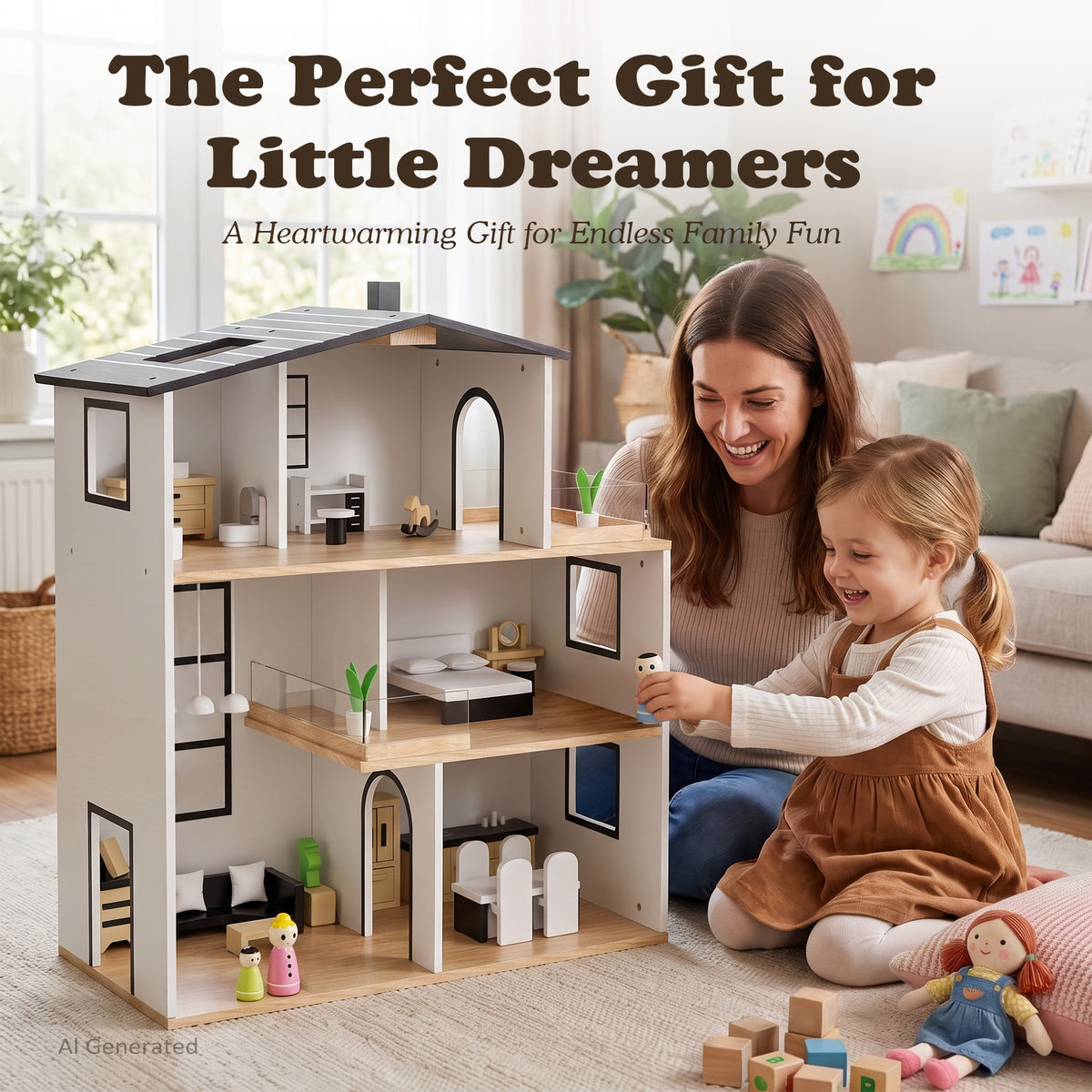 AILEEKISS Dollhouse for Kids with 35 Pieces Furniture Set, 3-Story Dream House with Puzzle Patio, White