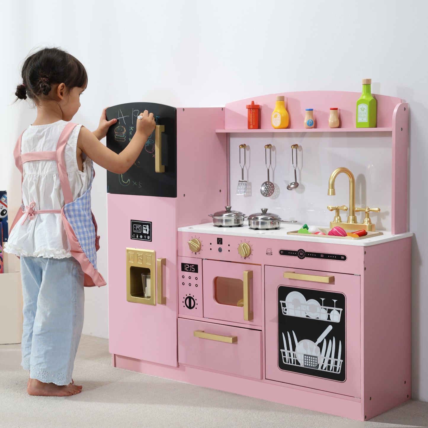 AILEEKISS Wood Kids Play Kitchen, Pretend Kitchen Playset for Children Age 3 Years up, Pink