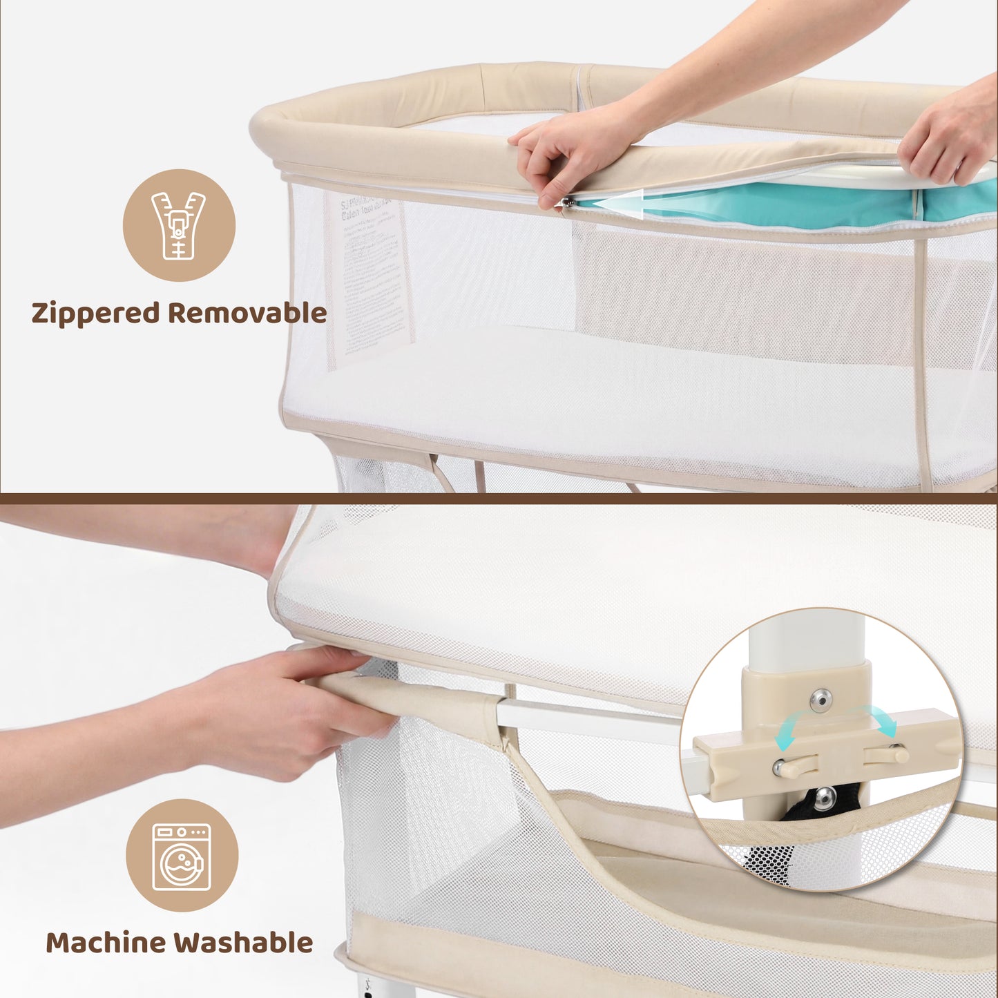 AILEEKISS Bedside Bassinet for Newborn, 6 Height Adjustable Baby Bassinet with Mosquito Net, Beige