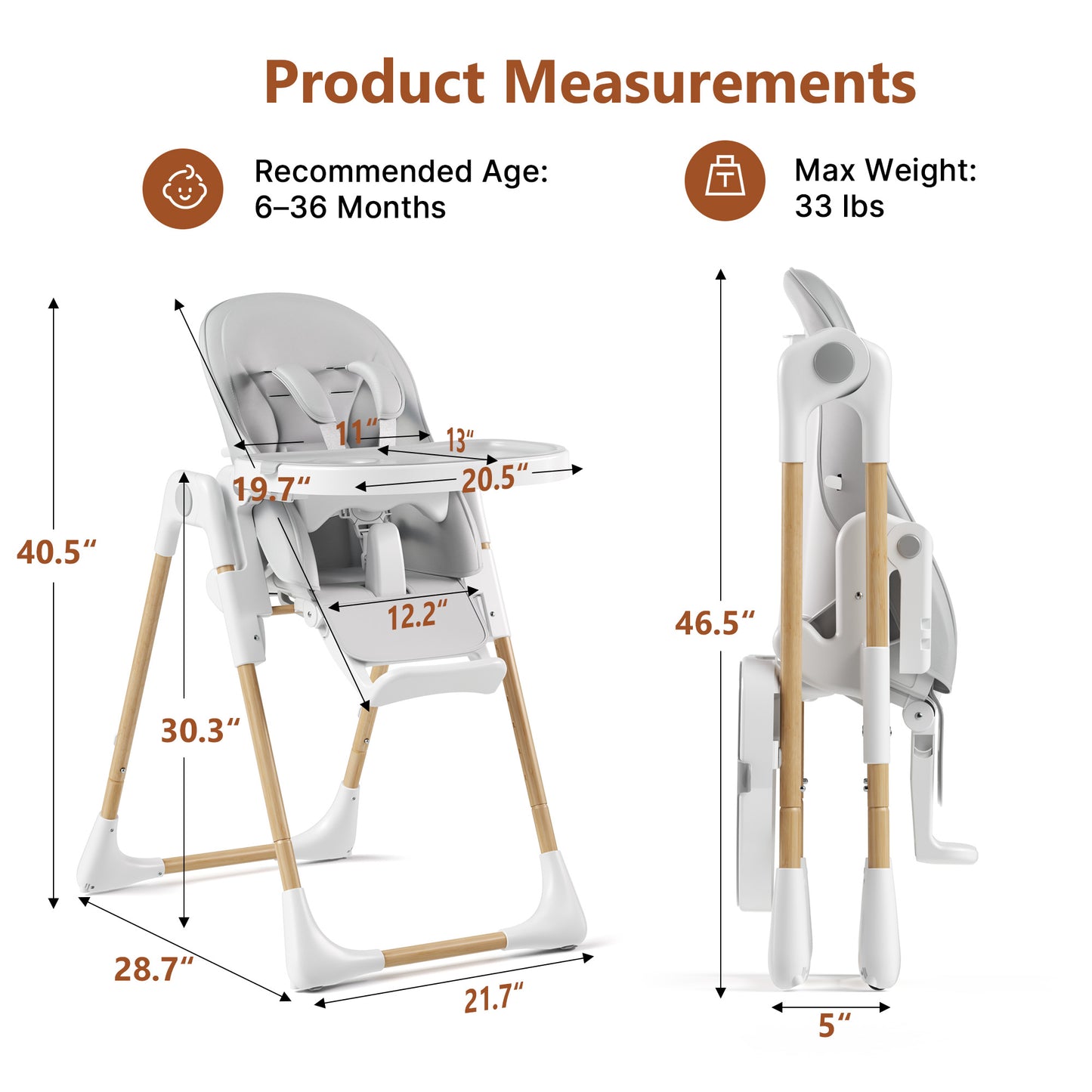 LINLUX Foldable High Chair for Babies, Toddler Eating Chair with Detachable Double Trays, Gray