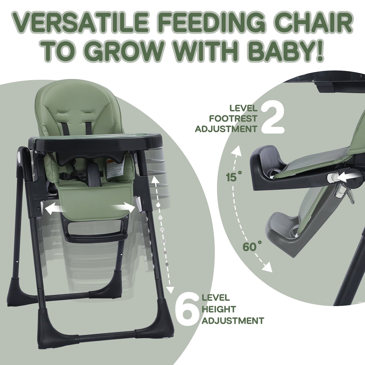 AILEEKISS Foldable High Chair for Baby, Toddler Eating Chair with Detachable Double Trays, Green