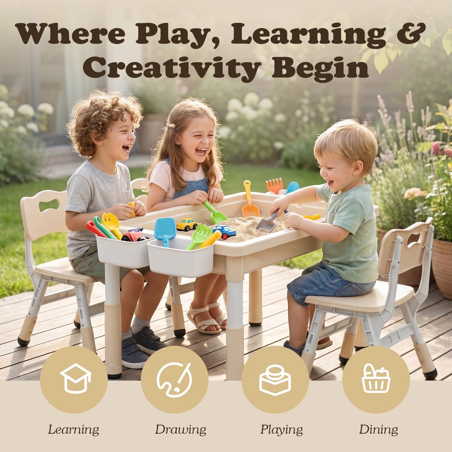 AILEEKISS Kids Table and 4 Chair Set, Children Lego Table Play Activity Desk for Drawing, Khaki