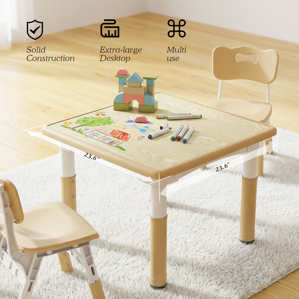 AILEEKISS Kids Table and 2 Chair Set, Height Adjustable Kids Art Table Play Desk for Toddler, Khaki
