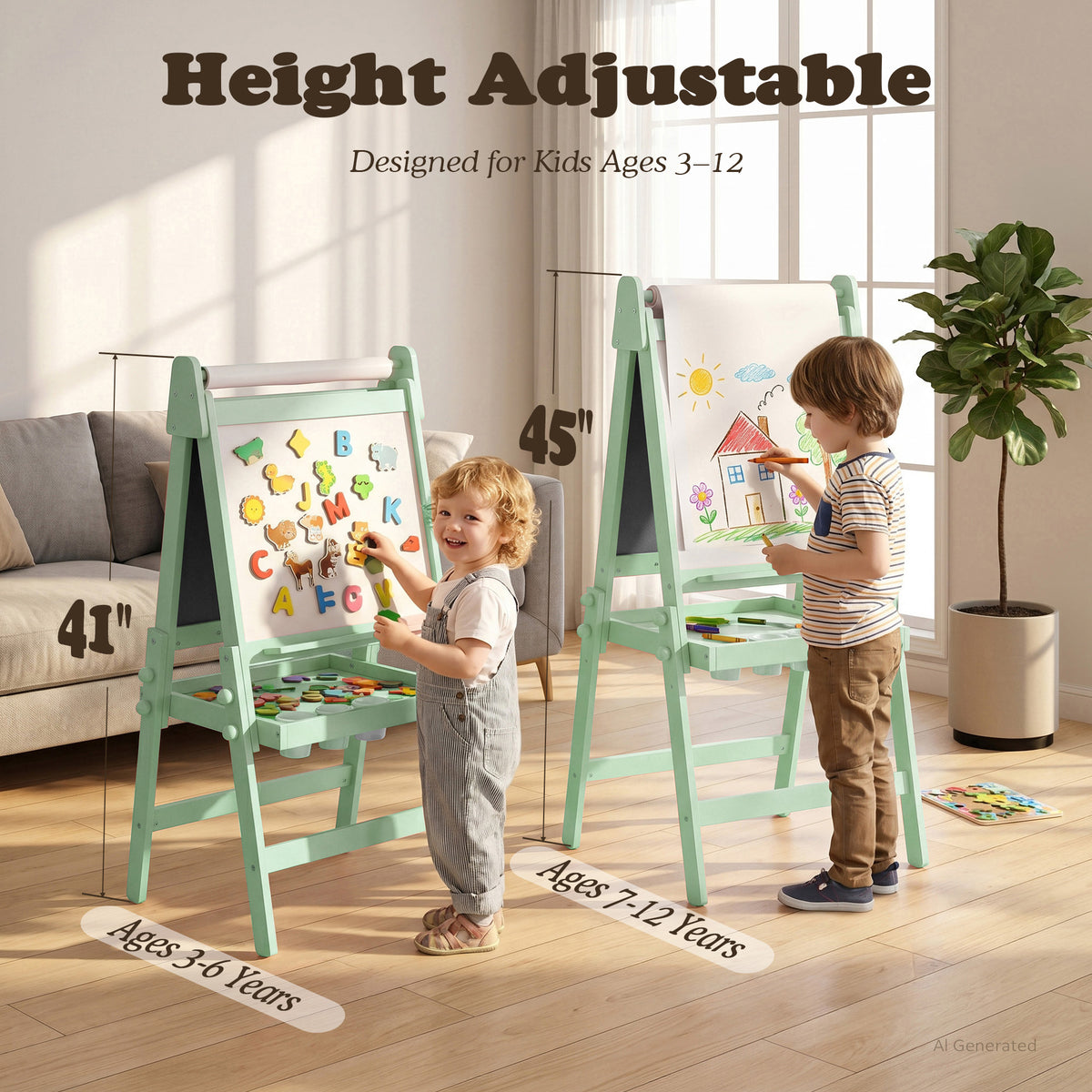 AILEEKISS Folding Kids Easel with Magnetic Whiteboard & Chalkboard, Art Easel for Toddler, Green