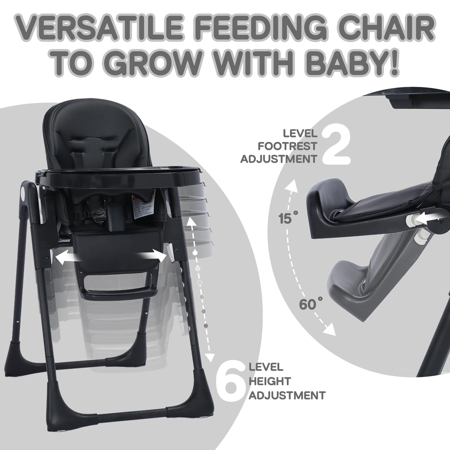 AILEEKISS Foldable High Chair for Baby, Toddler Eating Chair with Detachable Double Trays, Black