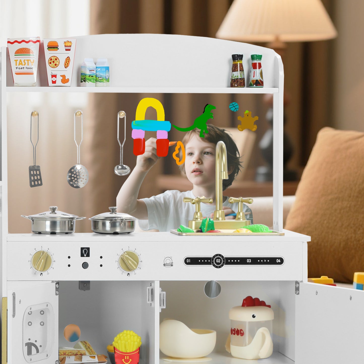 AILEEKISS Wood Kids Play Kitchen, Pretend Kitchen Playset for Children Age 3 Years up, White