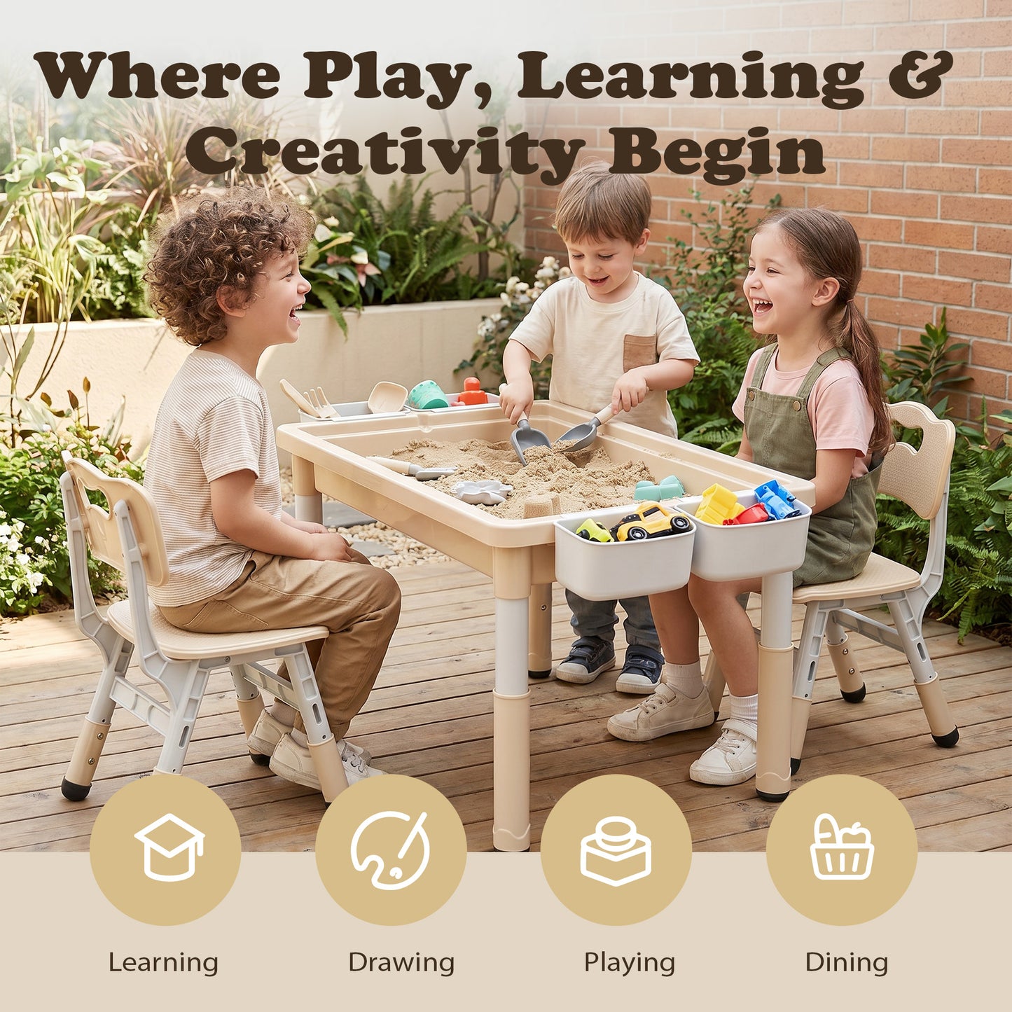 AILEEKISS Kids Table and Chair Set, Children Lego Table Play Activity Desk for Drawing, Khaki