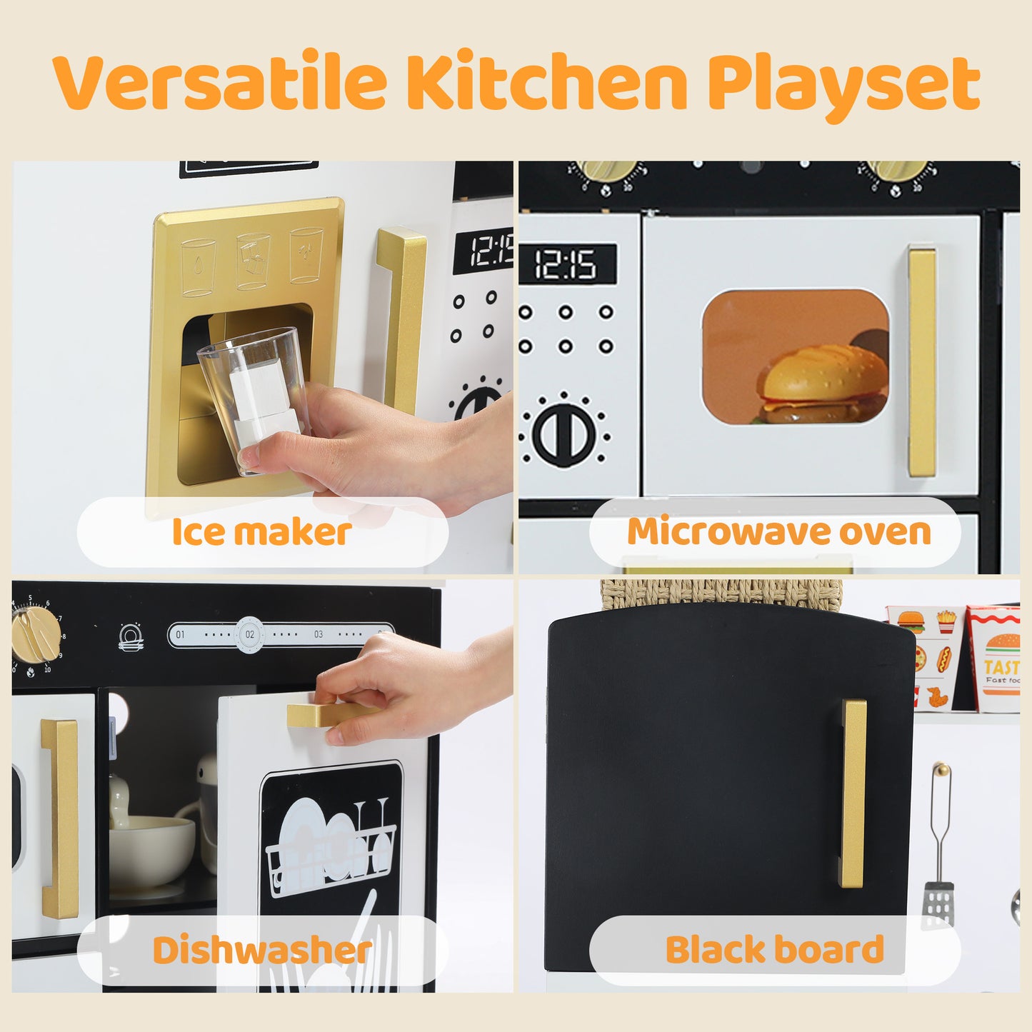 AILEEKISS Wood Kids Play Kitchen, Pretend Kitchen Playset for Children Age 3 Years up, Black