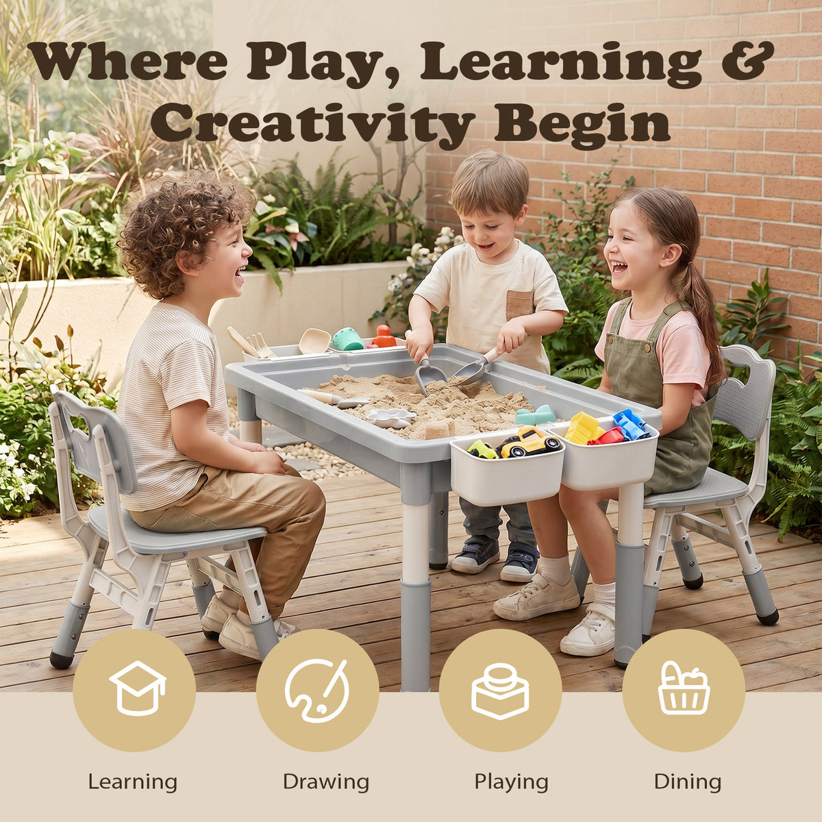 AILEEKISS Kids Table and Chair Set, Children Lego Table Play Activity Desk for Drawing, Grey