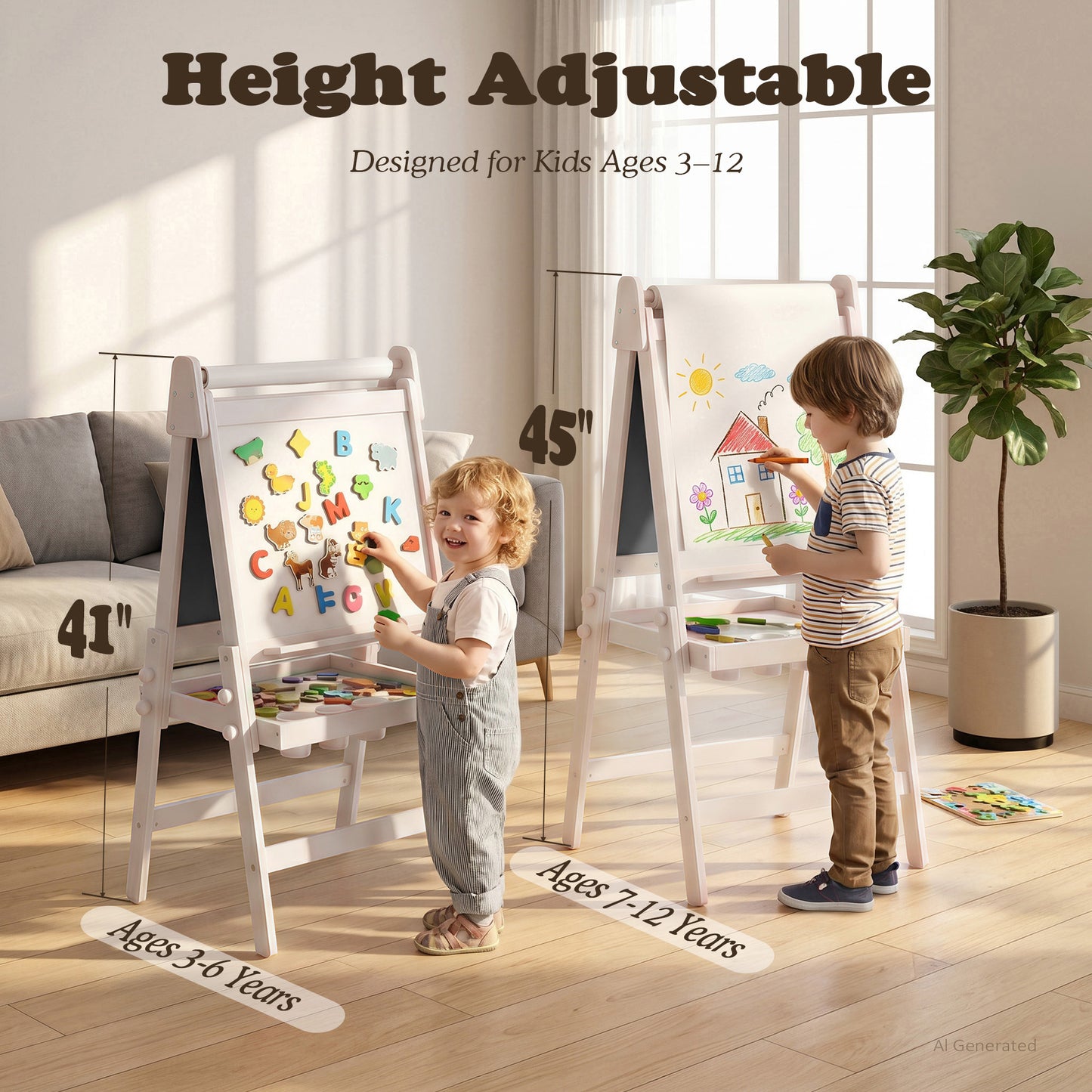 LINLUX 3 in 1 Kids Art Easel, Foldable Standing Easel with Double Sided Drawing Board and Height Adjustable, White