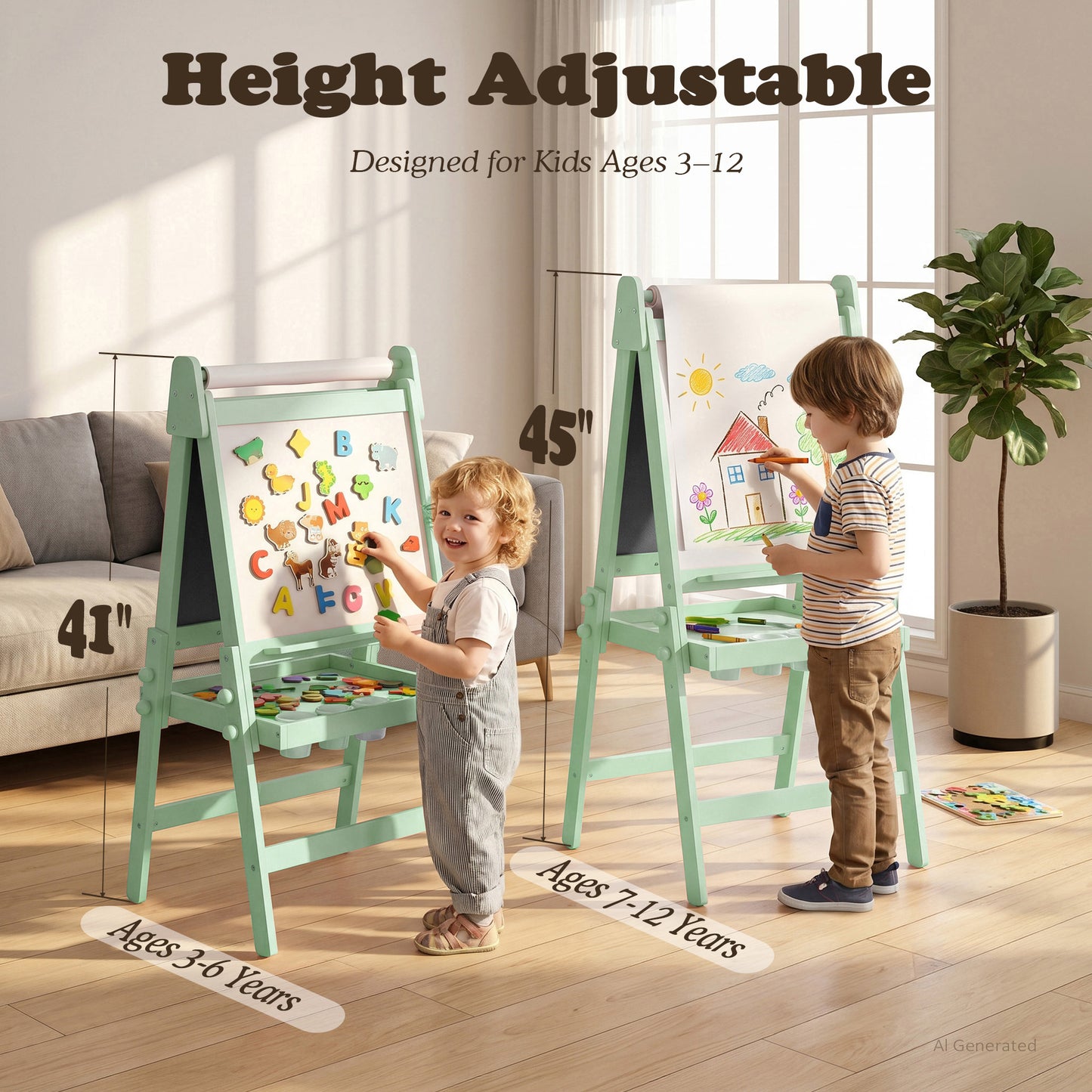 LINLUX 3 in 1 Kids Art Easel, Foldable Standing Easel with Double Sided Drawing Board and Height Adjustable, Green