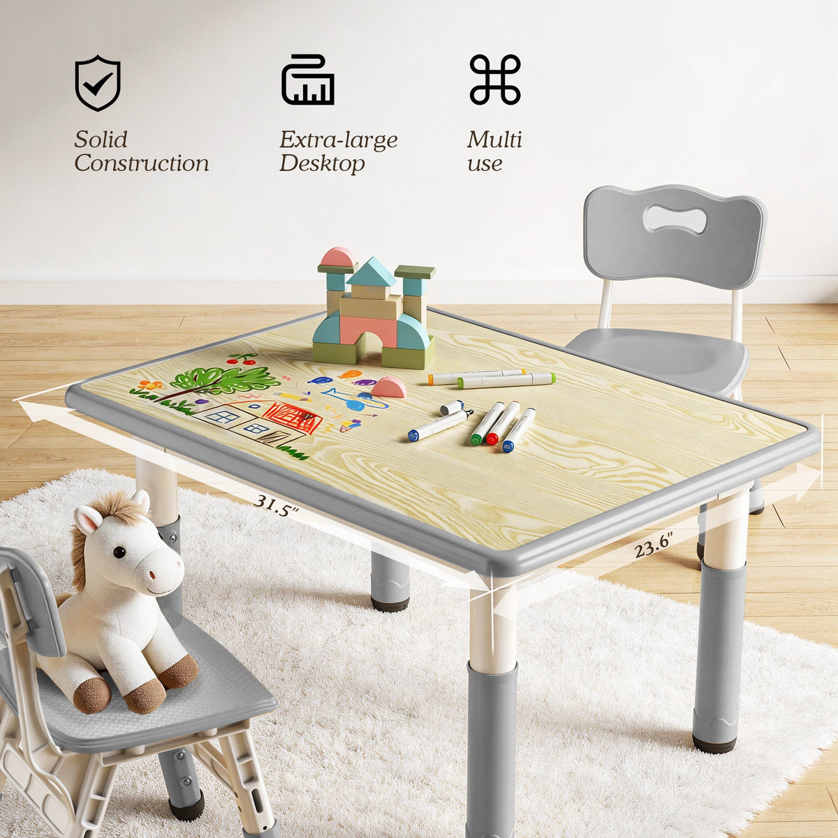 AILEEKISS Kids Table and 2 Chair Set, Height Adjustable Kids Art Table Play Desk for Toddler, Grey