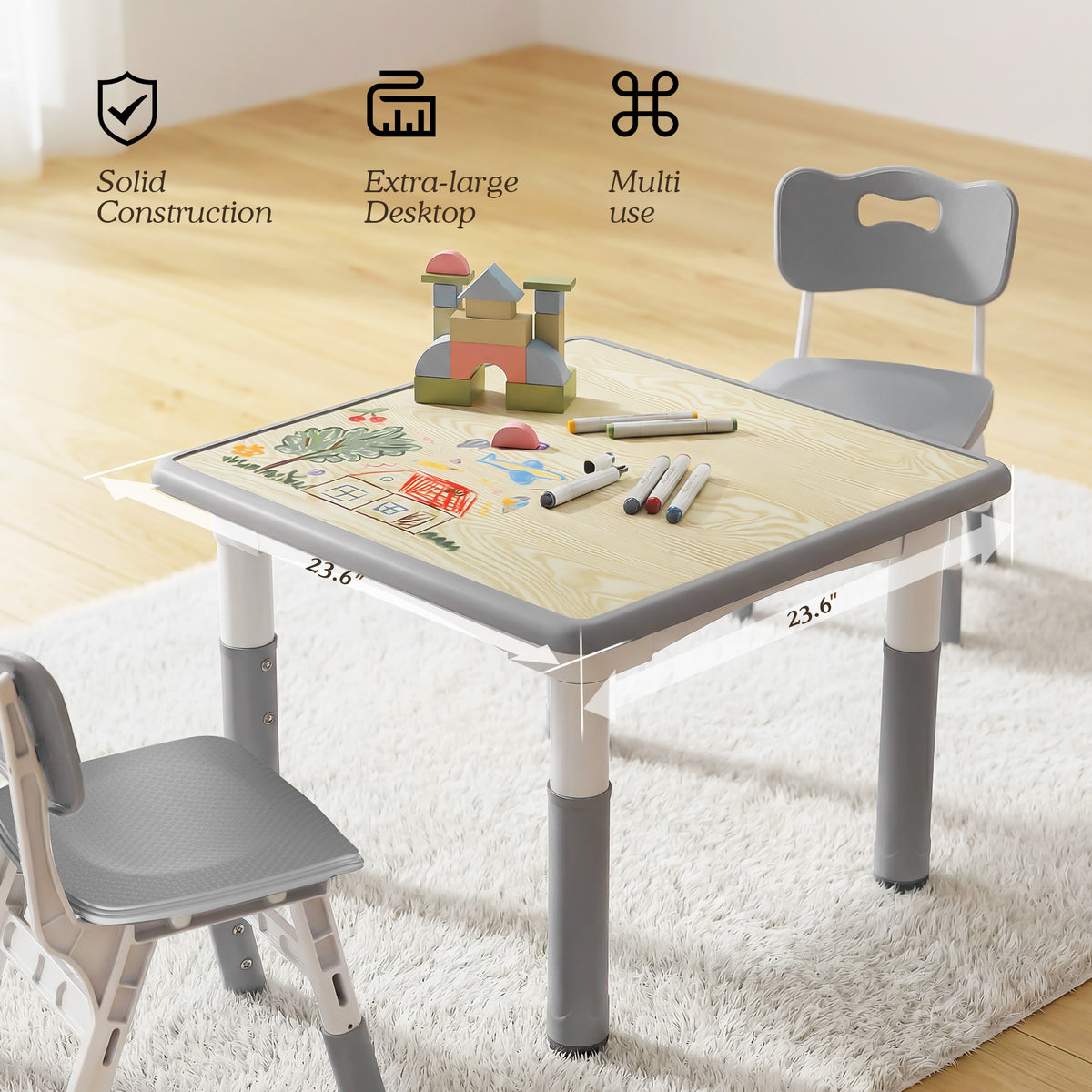 AILEEKISS Kids Table and 2 Chair Set, Height Adjustable Kids Art Table Play Desk for Toddler, Grey