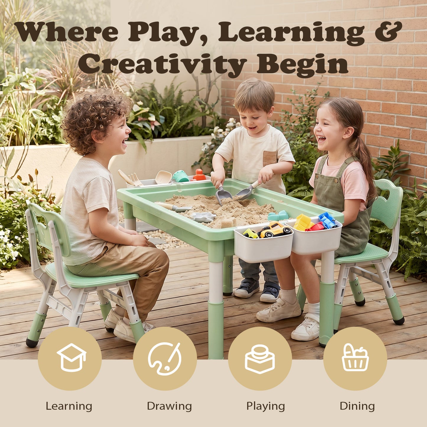 AILEEKISS Kids Table and Chair Set, Children Lego Table Play Activity Desk for Drawing, Green