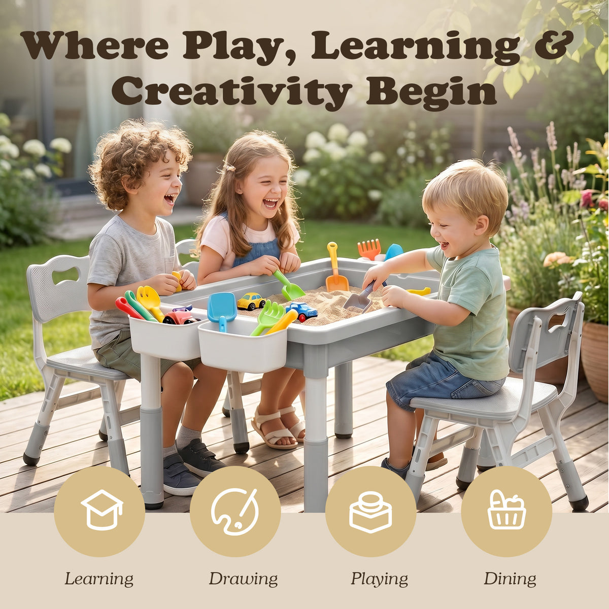 AILEEKISS Kids Table and 4 Chair Set, Children Lego Table Play Activity Desk for Drawing, Grey