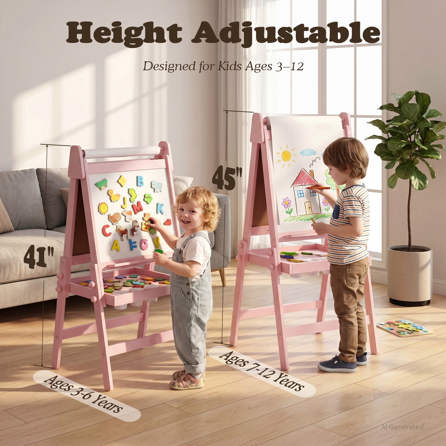LINLUX 3 in 1 Kids Art Easel, Foldable Standing Easel with Double Sided Drawing Board and Height Adjustable, Pink