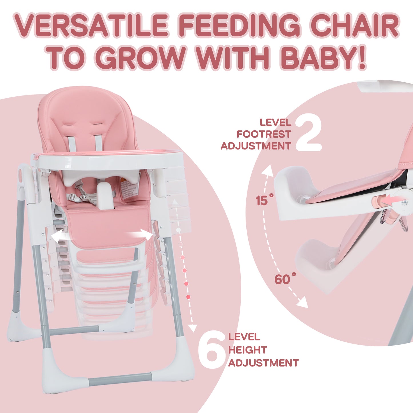 AILEEKISS Foldable High Chair for Baby, Toddler Eating Chair with Detachable Double Trays, Pink