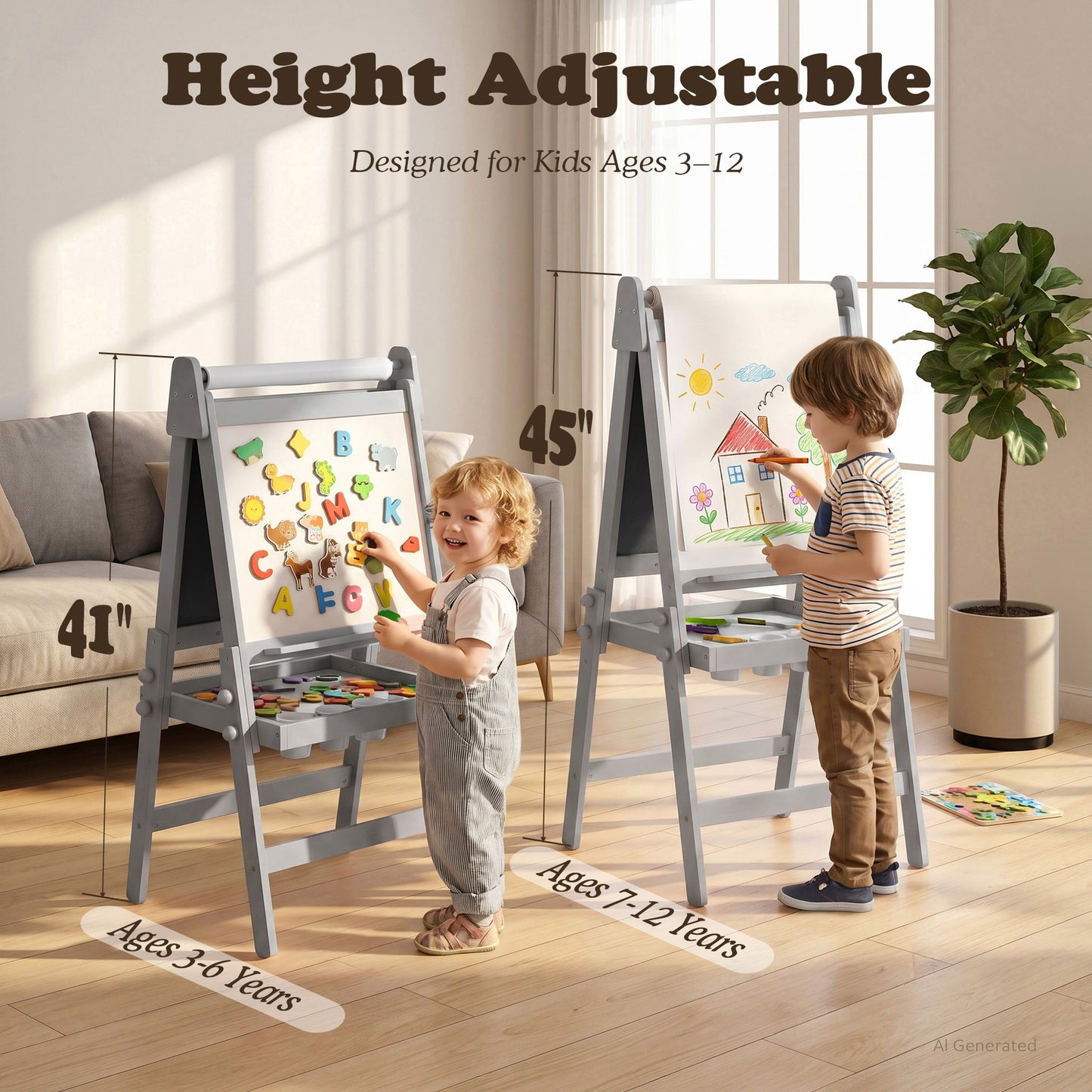 LINLUX 3 in 1 Kids Art Easel, Foldable Standing Easel with Double Sided Drawing Board and Height Adjustable, Gray