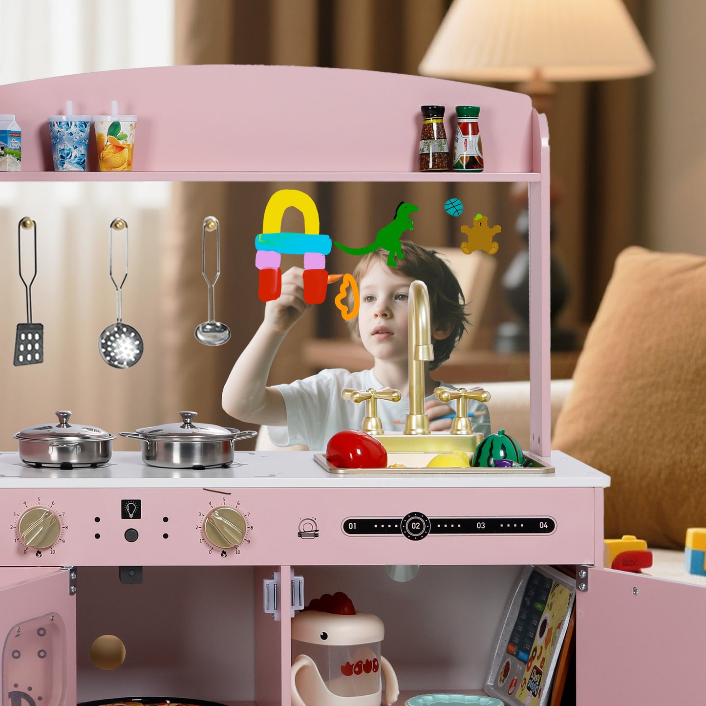 AILEEKISS Wood Kids Play Kitchen, Pretend Kitchen Playset for Children Age 3 Years up, Pink