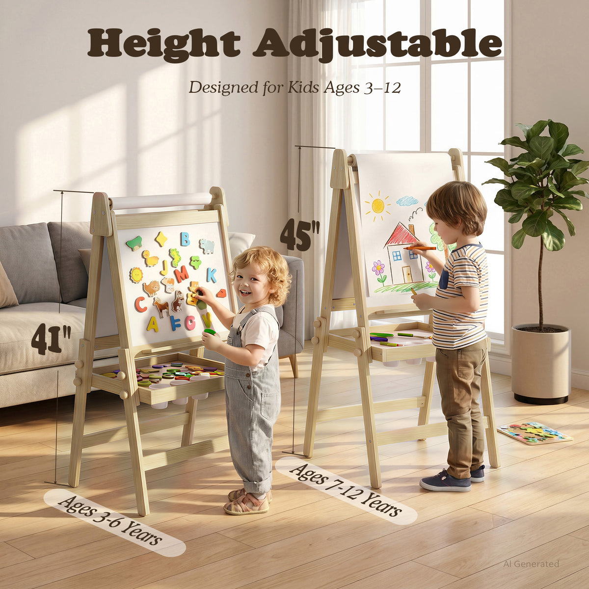 AILEEKISS Folding Kids Easel with Magnetic Whiteboard & Chalkboard, Art Easel for Toddler, Natural