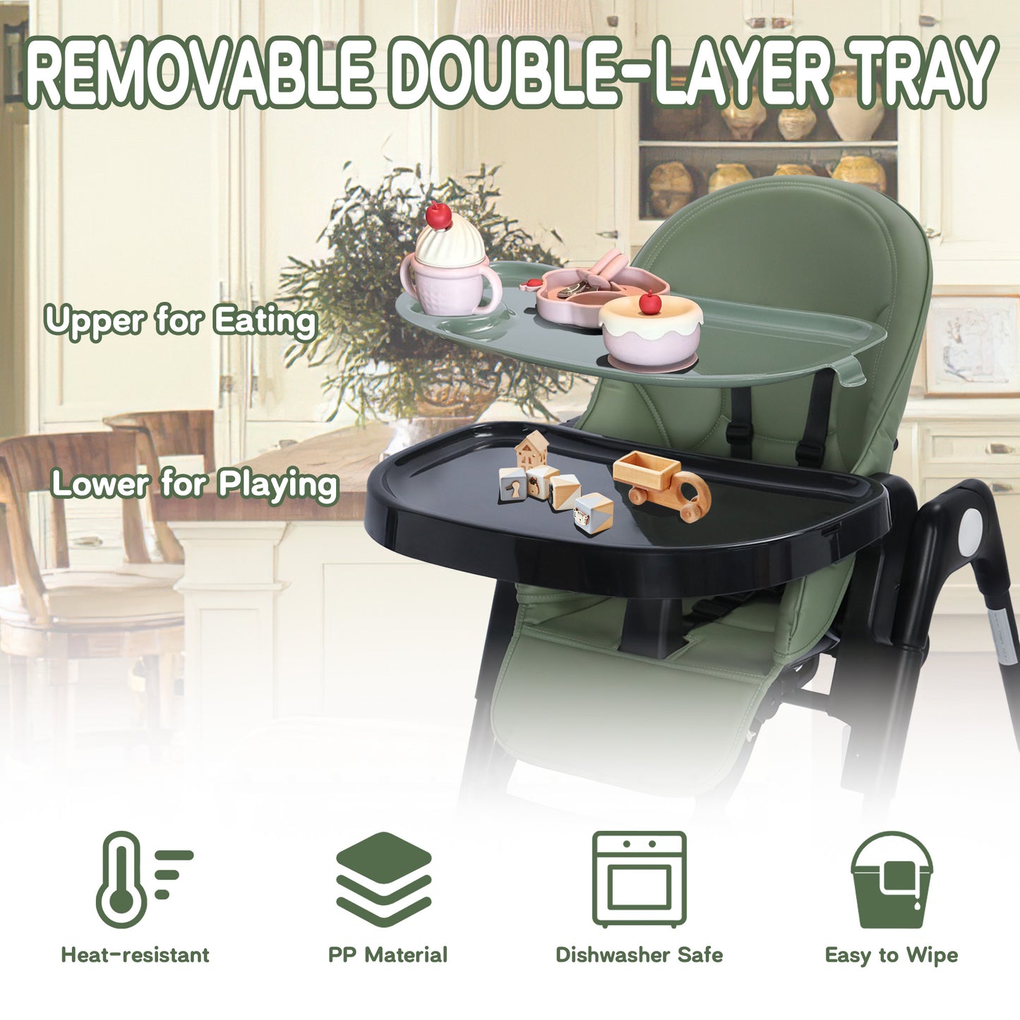 AILEEKISS Foldable High Chair for Baby, Toddler Eating Chair with Detachable Double Trays, Green