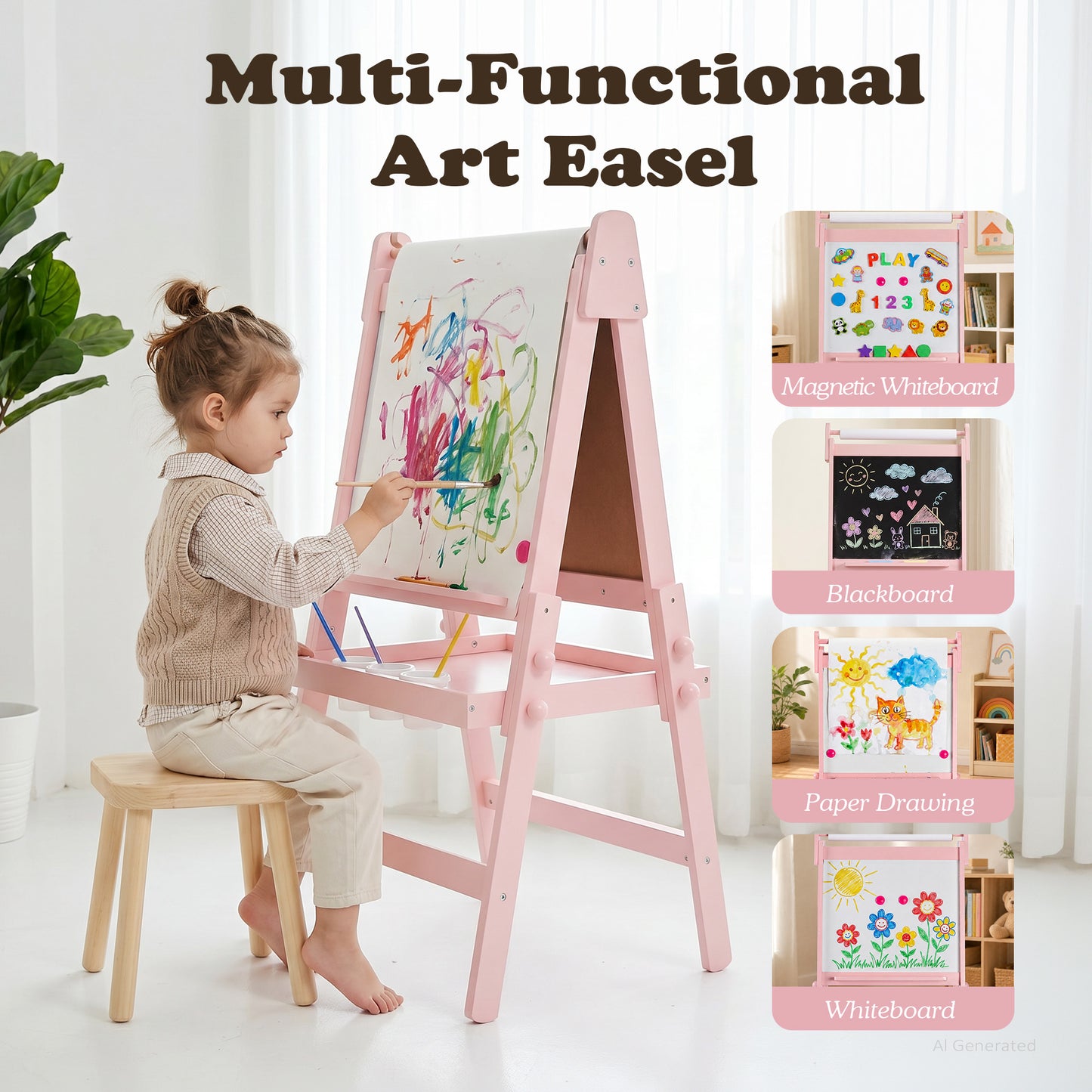 LINLUX 3 in 1 Kids Art Easel, Foldable Standing Easel with Double Sided Drawing Board and Height Adjustable, Pink