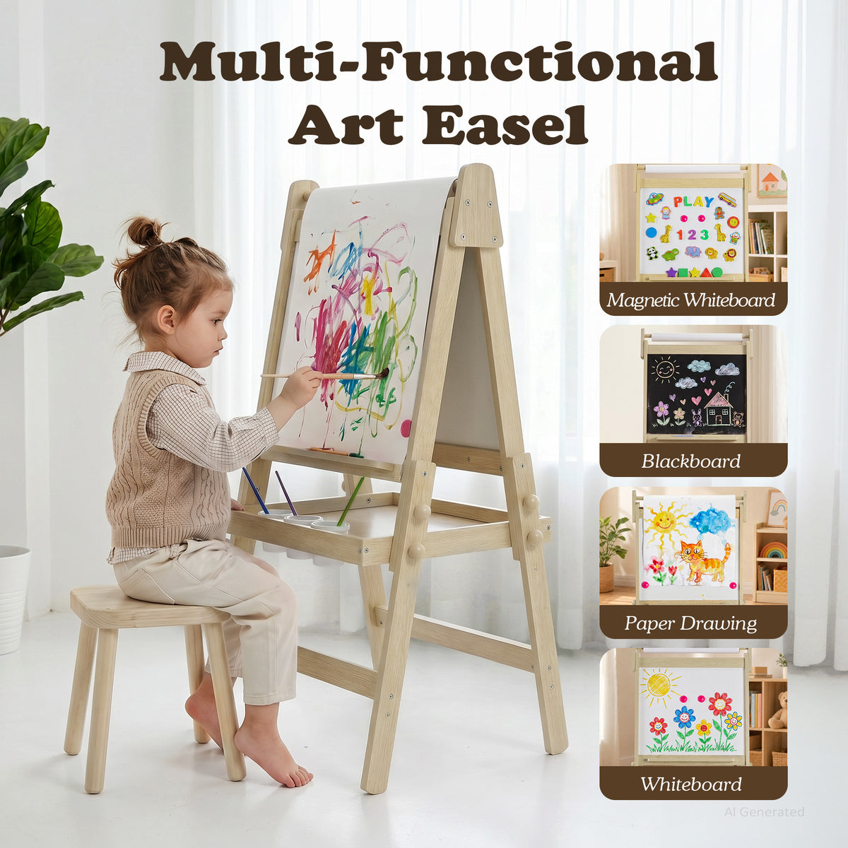 AILEEKISS Folding Kids Easel with Magnetic Whiteboard & Chalkboard, Art Easel for Toddler, Natural