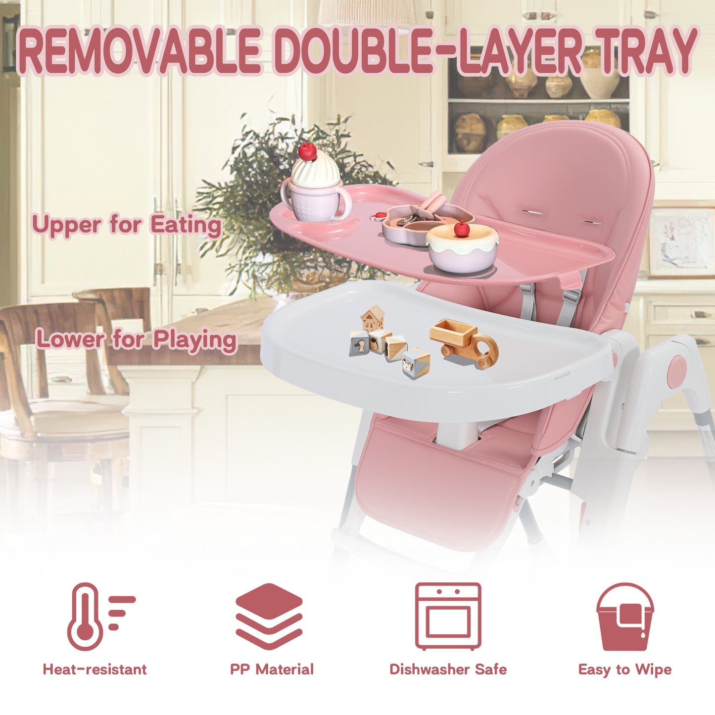 AILEEKISS Foldable High Chair for Baby, Toddler Eating Chair with Detachable Double Trays, Pink