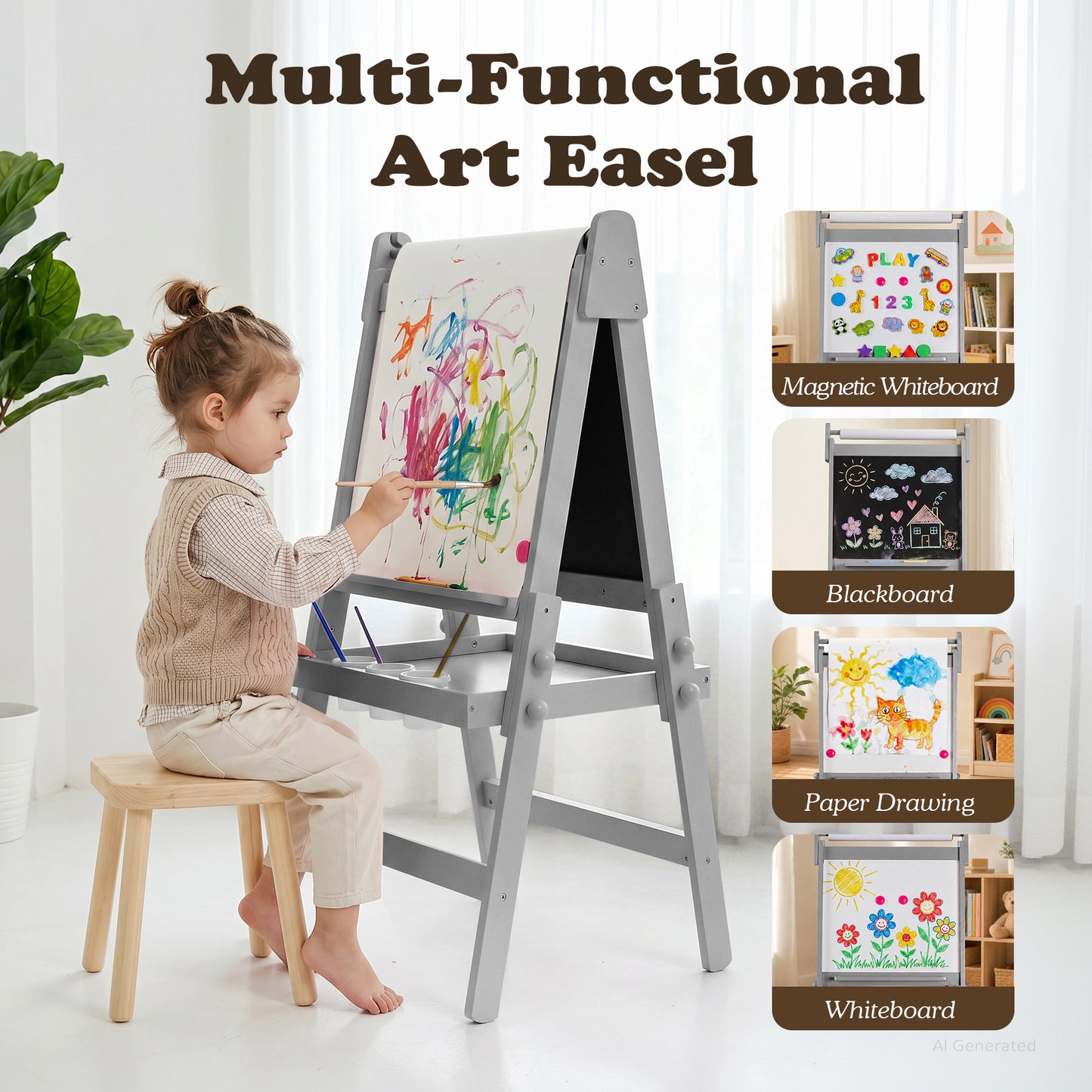 LINLUX 3 in 1 Kids Art Easel, Foldable Standing Easel with Double Sided Drawing Board and Height Adjustable, Gray
