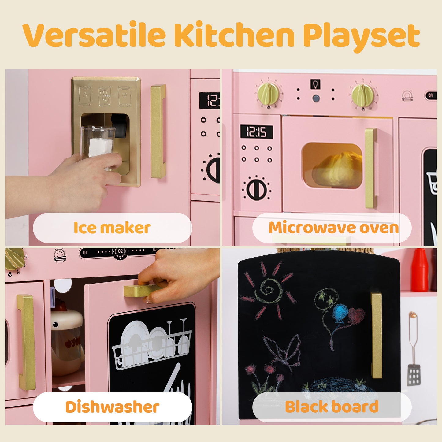AILEEKISS Wood Kids Play Kitchen, Pretend Kitchen Playset for Children Age 3 Years up, Pink