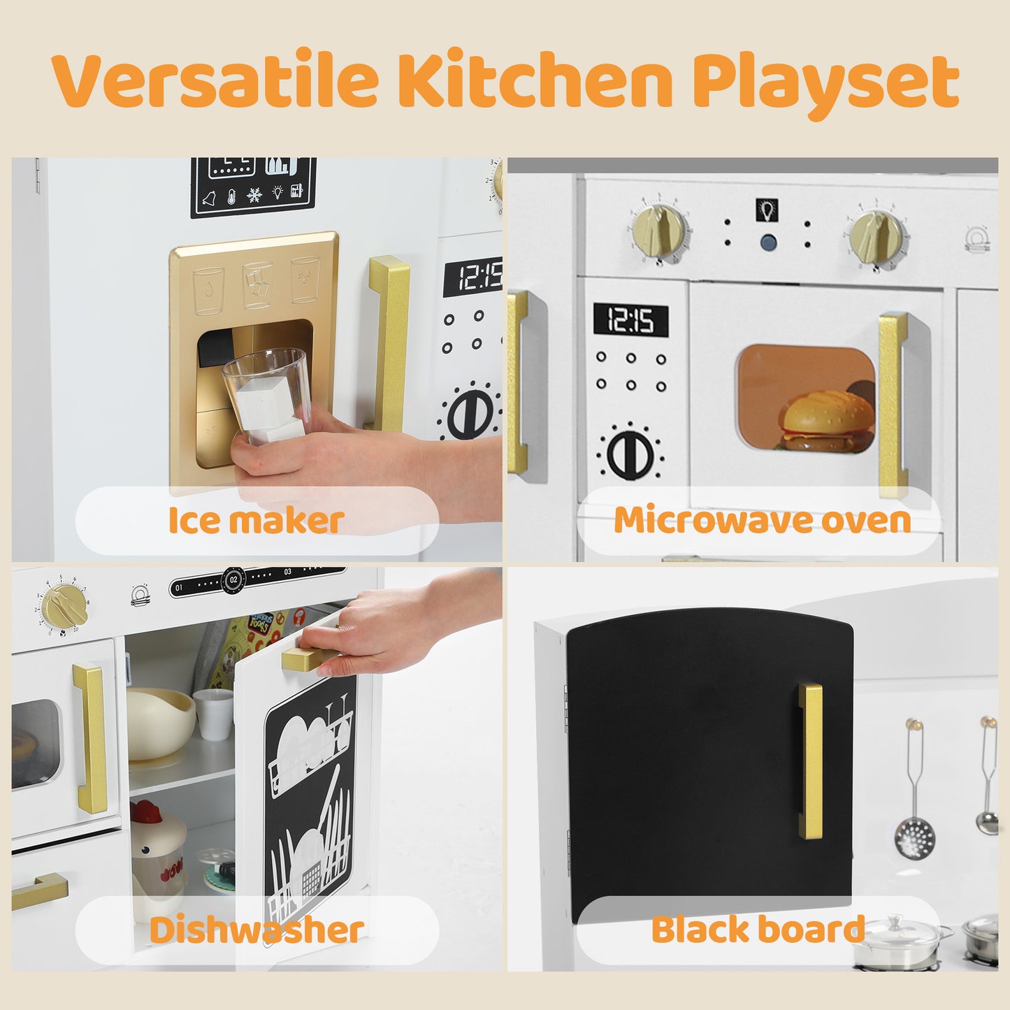 AILEEKISS Wood Kids Play Kitchen, Pretend Kitchen Playset for Children Age 3 Years up, White