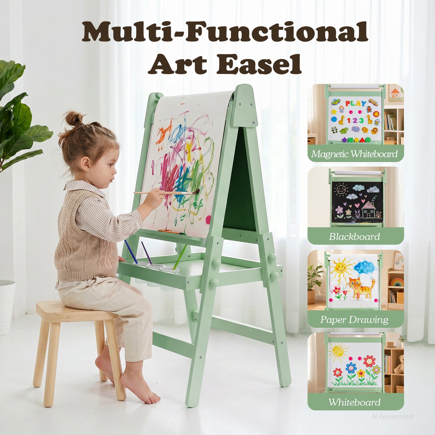 LINLUX 3 in 1 Kids Art Easel, Foldable Standing Easel with Double Sided Drawing Board and Height Adjustable, Green