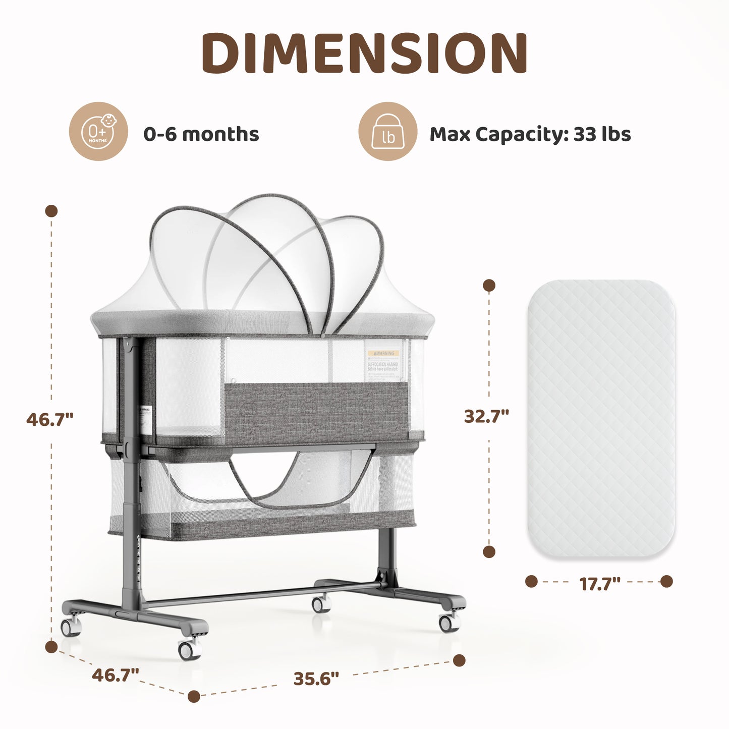 AILEEKISS Bedside Bassinet for Newborn, 6 Height Adjustable Baby Bassinet with Mosquito Net, Grey
