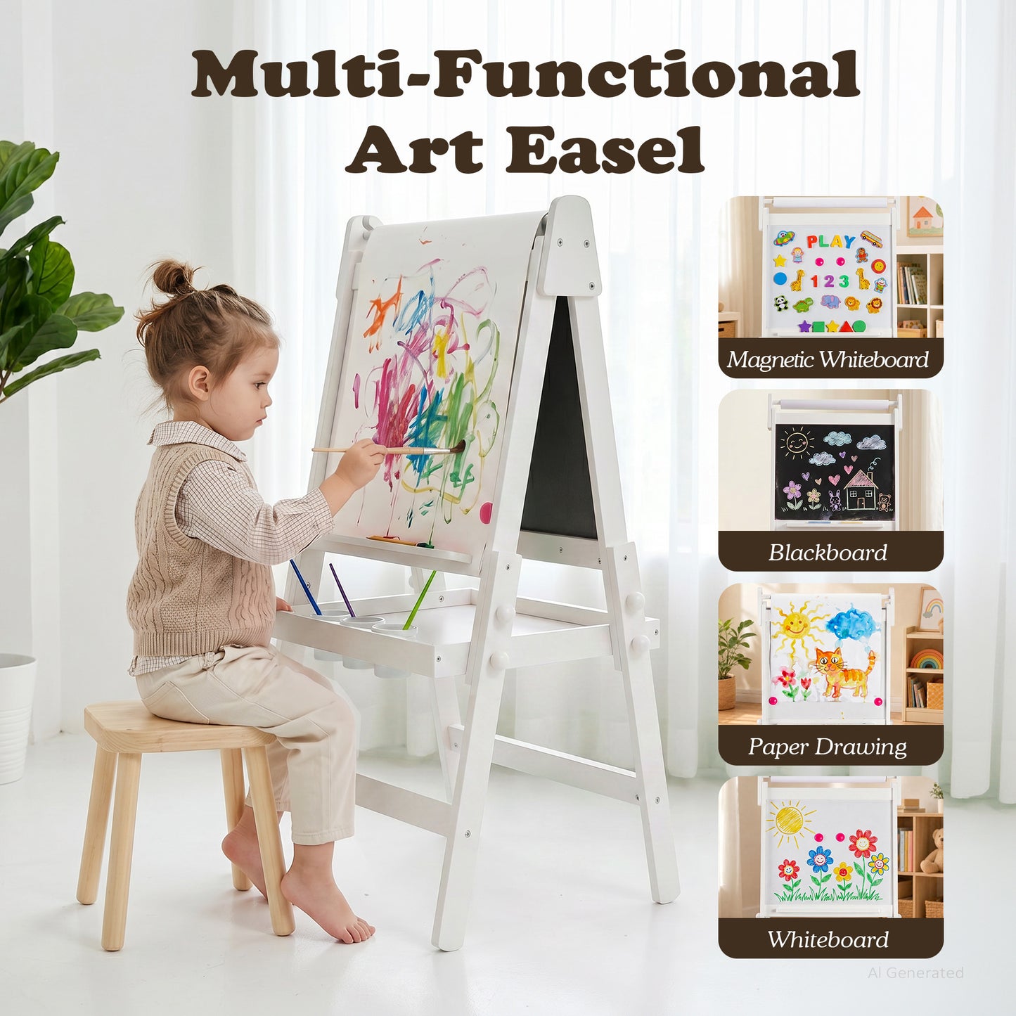LINLUX 3 in 1 Kids Art Easel, Foldable Standing Easel with Double Sided Drawing Board and Height Adjustable, White