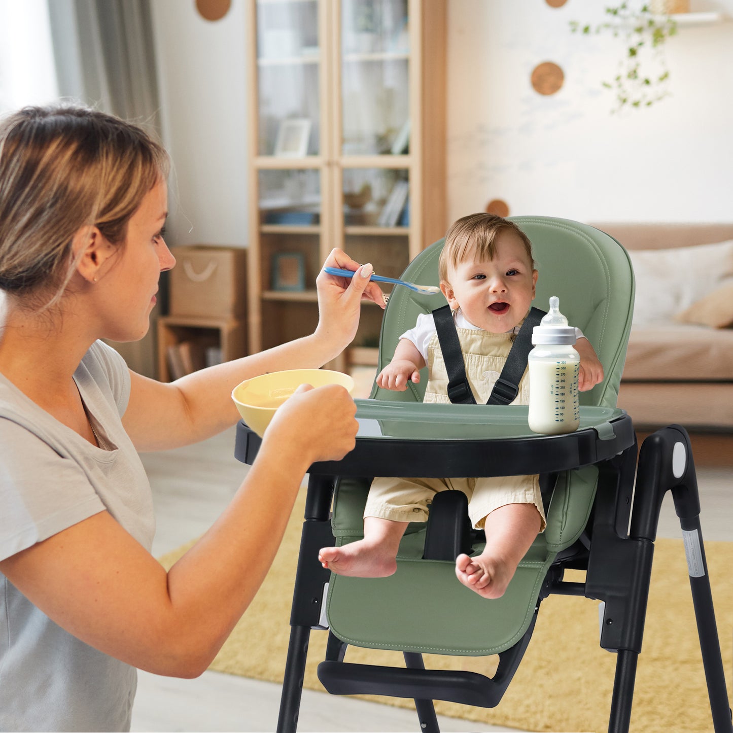AILEEKISS Foldable High Chair for Baby, Toddler Eating Chair with Detachable Double Trays, Green