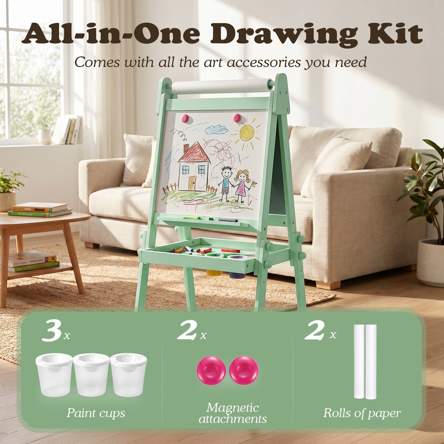 LINLUX 3 in 1 Kids Art Easel, Foldable Standing Easel with Double Sided Drawing Board and Height Adjustable, Green