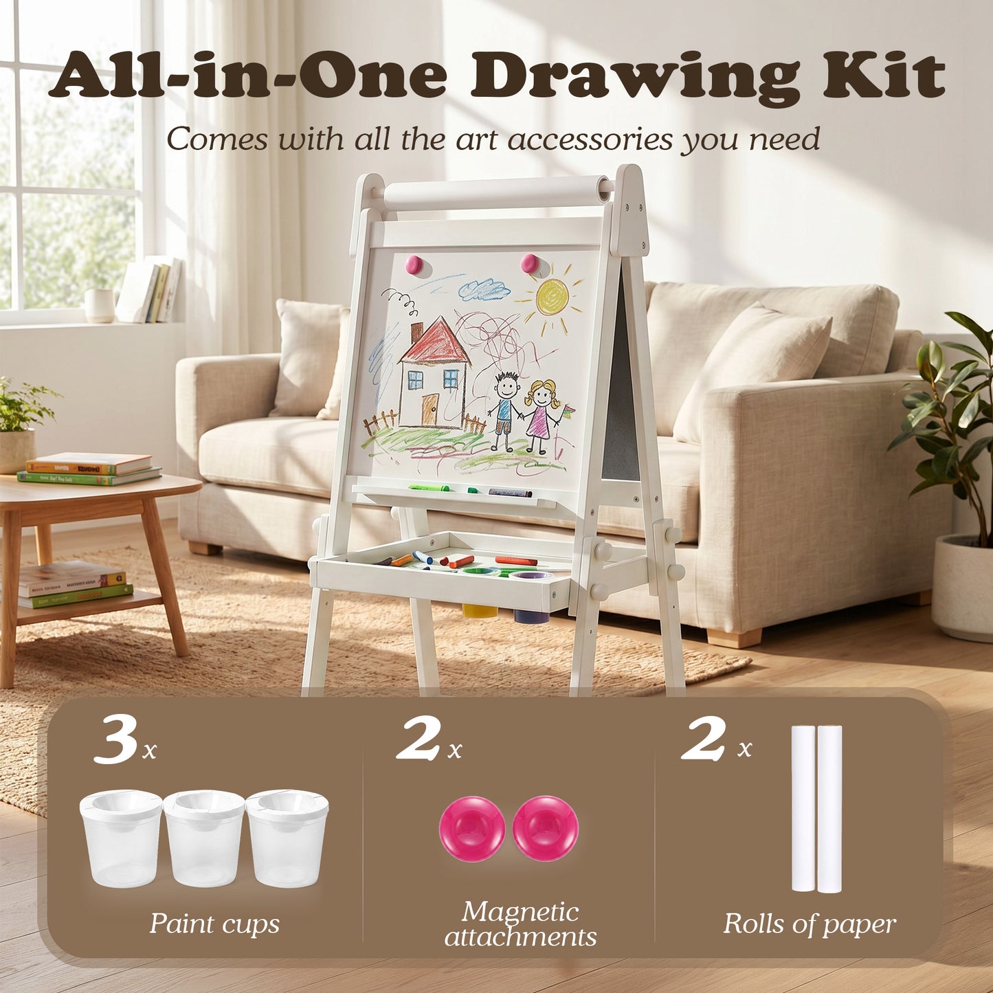 LINLUX 3 in 1 Kids Art Easel, Foldable Standing Easel with Double Sided Drawing Board and Height Adjustable, White
