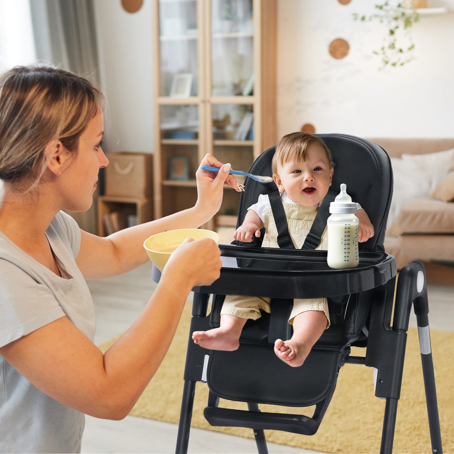 AILEEKISS Foldable High Chair for Baby, Toddler Eating Chair with Detachable Double Trays, Black