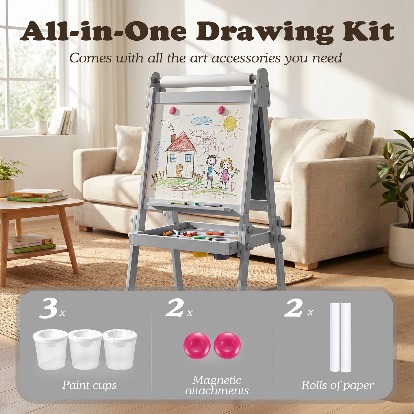 LINLUX 3 in 1 Kids Art Easel, Foldable Standing Easel with Double Sided Drawing Board and Height Adjustable, Gray
