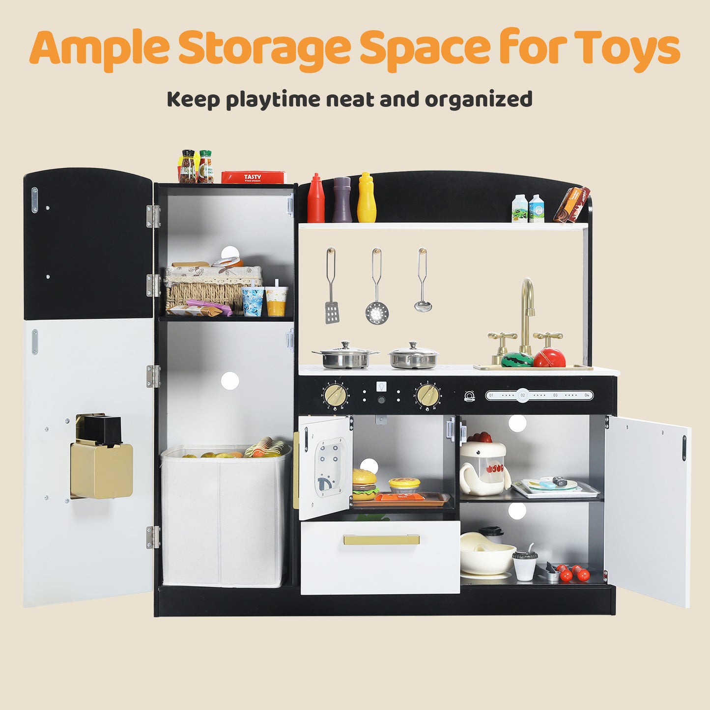 AILEEKISS Wood Kids Play Kitchen, Pretend Kitchen Playset for Children Age 3 Years up, Black