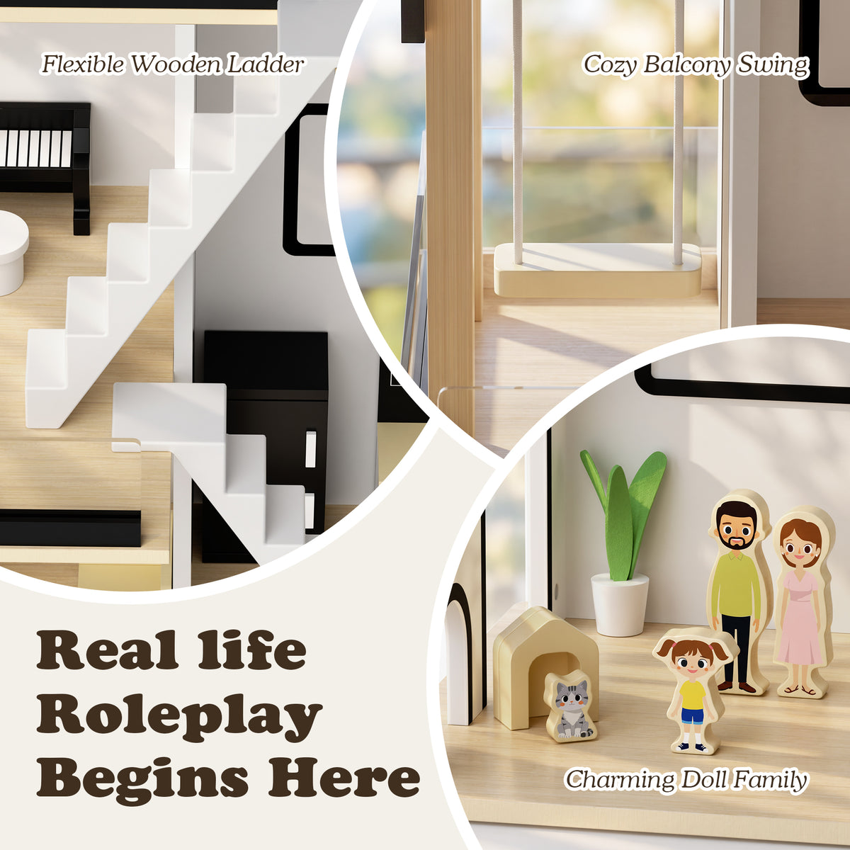 AILEEKISS Dollhouse for Kids with 20 Pieces Furniture Set, 3-Story Dream House with Puzzle Patio, White