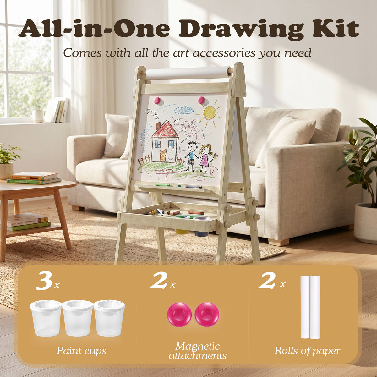 AILEEKISS Folding Kids Easel with Magnetic Whiteboard & Chalkboard, Art Easel for Toddler, Natural