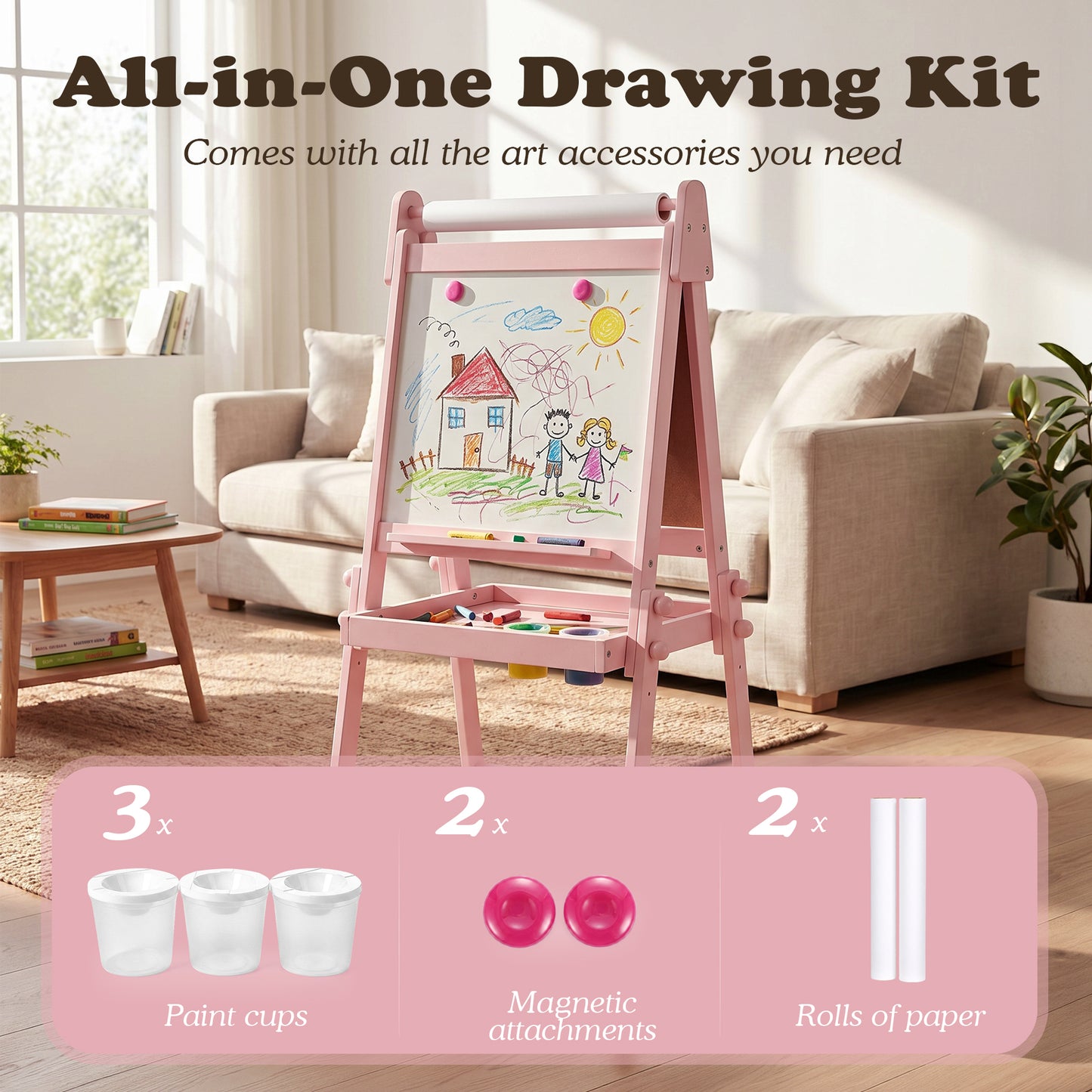 LINLUX 3 in 1 Kids Art Easel, Foldable Standing Easel with Double Sided Drawing Board and Height Adjustable, Pink