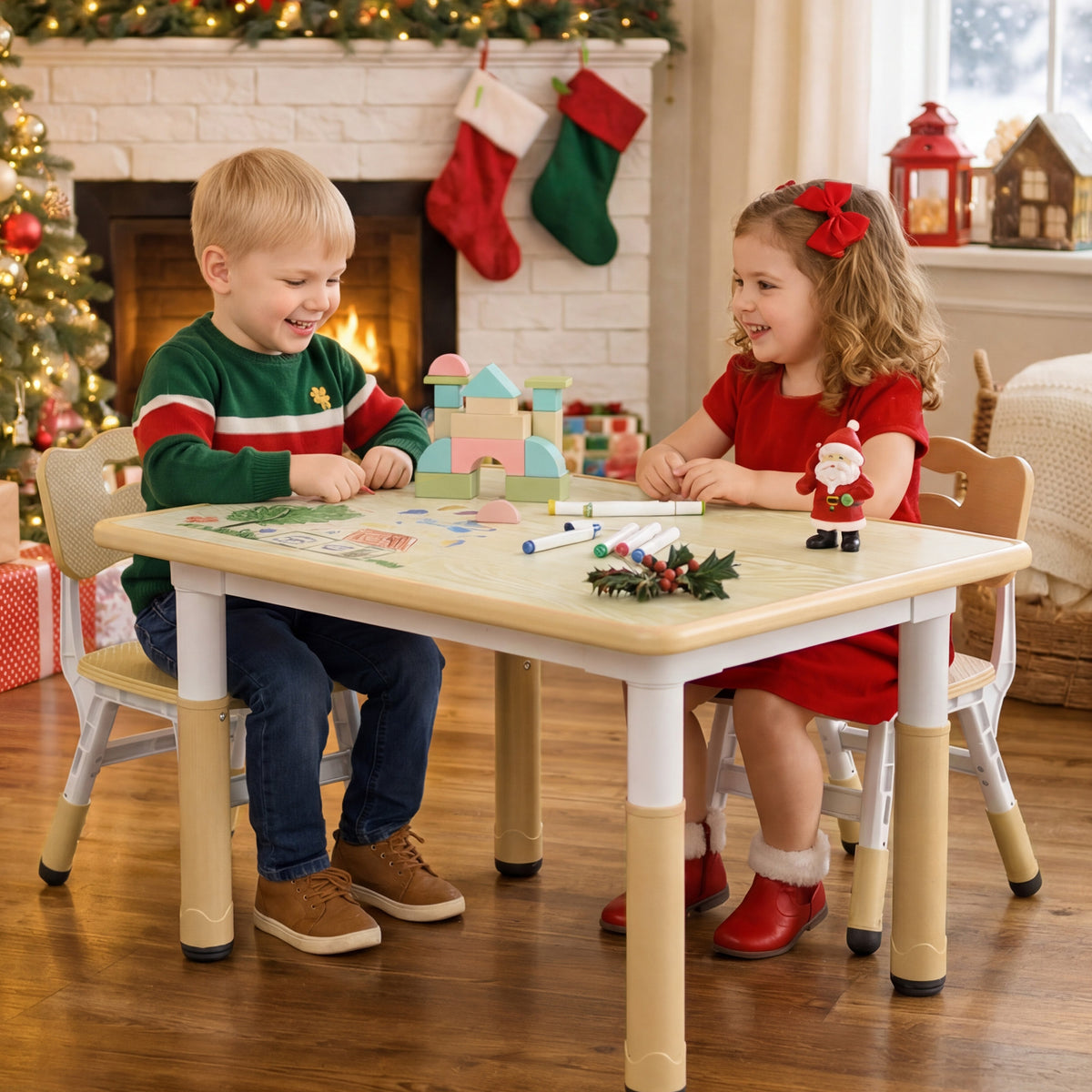 AILEEKISS Kids Table and 2 Chair Set, Height Adjustable Kids Art Table Play Desk for Toddler, Khaki