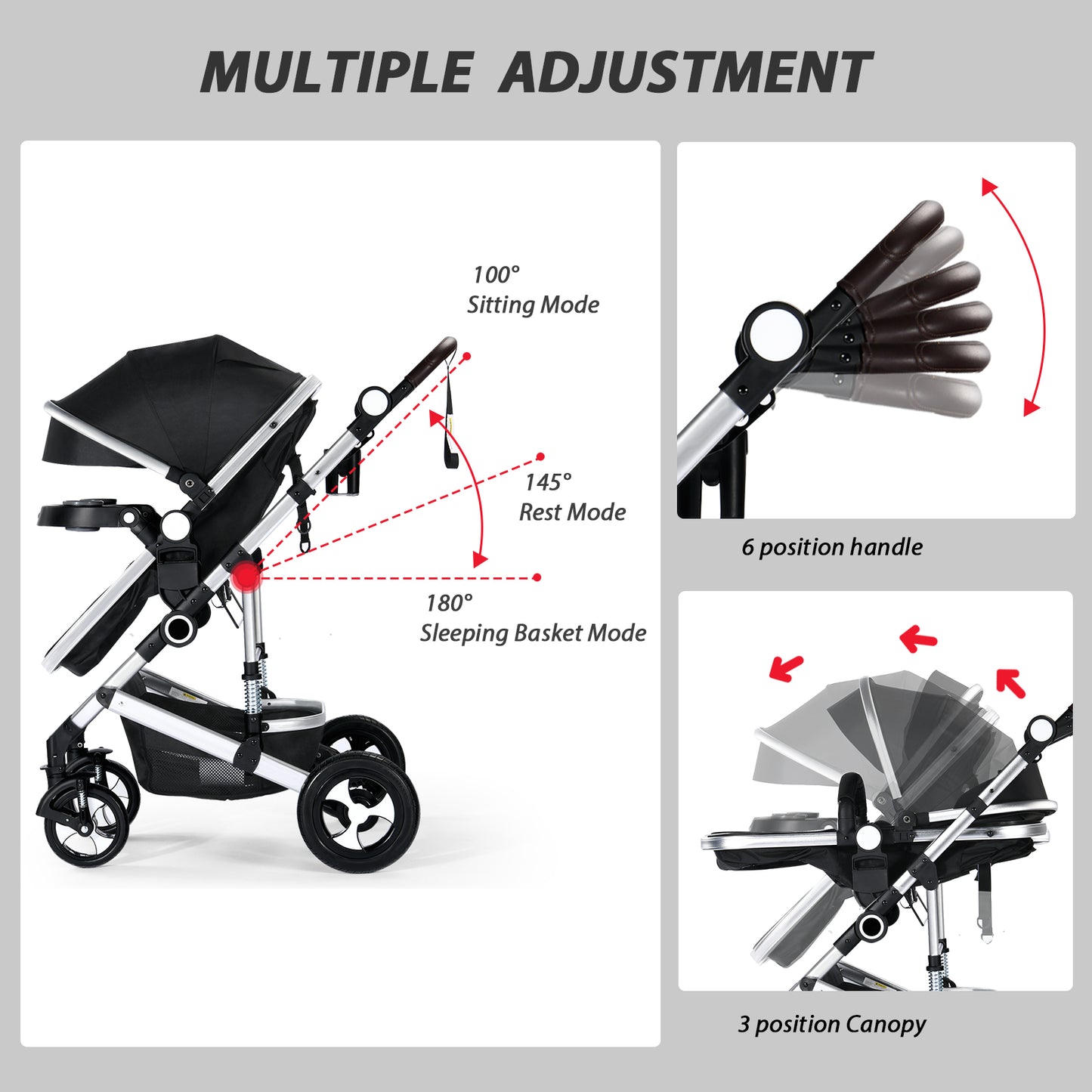 3 in 1 Reversible Baby Stroller, Folding Newborn Bassinet Pram Infant Carriage for Toddler, Black